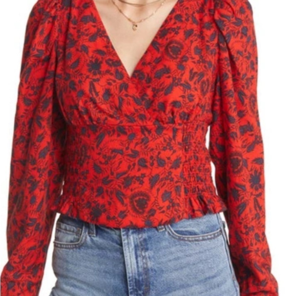 Treasure and Bond Smoked Wrap Puff Shoulder Top Red Polish Global Flower. XS